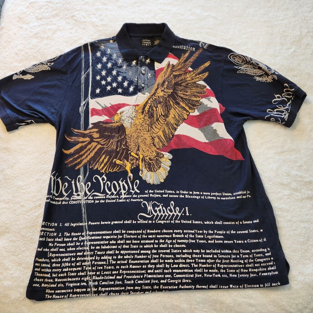 Vtg Cotton Traders Mens XL Polo Shirt U.S. Constitution Patriotic All Over Print